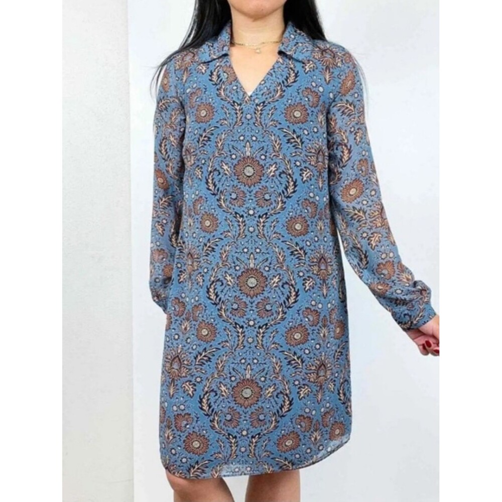 CAbi Style #3295 Provincial Tunic Dress, Lined, Dusty Blue & Brown Flower, M